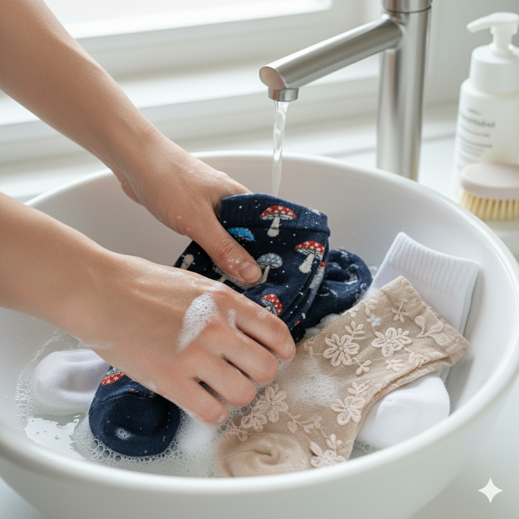 نمای نزدیک از دستان زنی که در حال شستن جوراب‌های طرح‌دار در یک سینک سفید پر از کف هستند. یک جفت جوراب آبی با طرح قارچ و یک جفت جوراب توردار با طرح گل در دست‌های او دیده می‌شوند. آب شیر باز است و به داخل سینک می‌ریزد.
