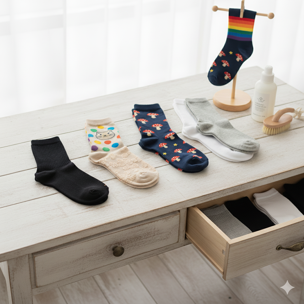 چند جفت جوراب متنوع شامل جوراب مشکی ساده، جوراب رنگی با طرح گربه، جوراب طرح قارچ، و جورابهای سفید و خاکستری در کنار یک کشوی باز حاوی جورابهای تا شده، روی یک میز چوبی روشن قرار دارند. در پسزمینه، یک جوراب رنگینکمان بر روی پایه چوبی آویزان است، و یک بطری شوینده و یک برس کوچک نیز دیده میشوند.