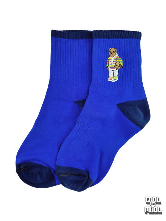 جوراب نخ پنبه خرس گلدوزی آبی