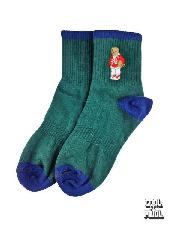 جوراب نخ پنبه گلدوزی خرس (لباس قرمز) سبز