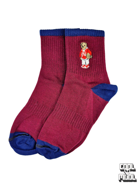 جوراب نخ پنبه گلدوزی خرس (لباس قرمز) قرمز