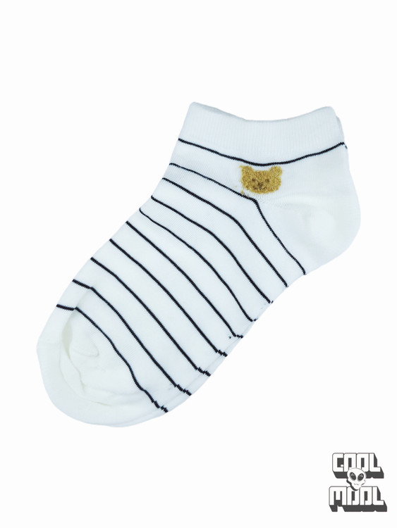 جوراب نخ پنبه مچی راه راه طرح خرس سفید