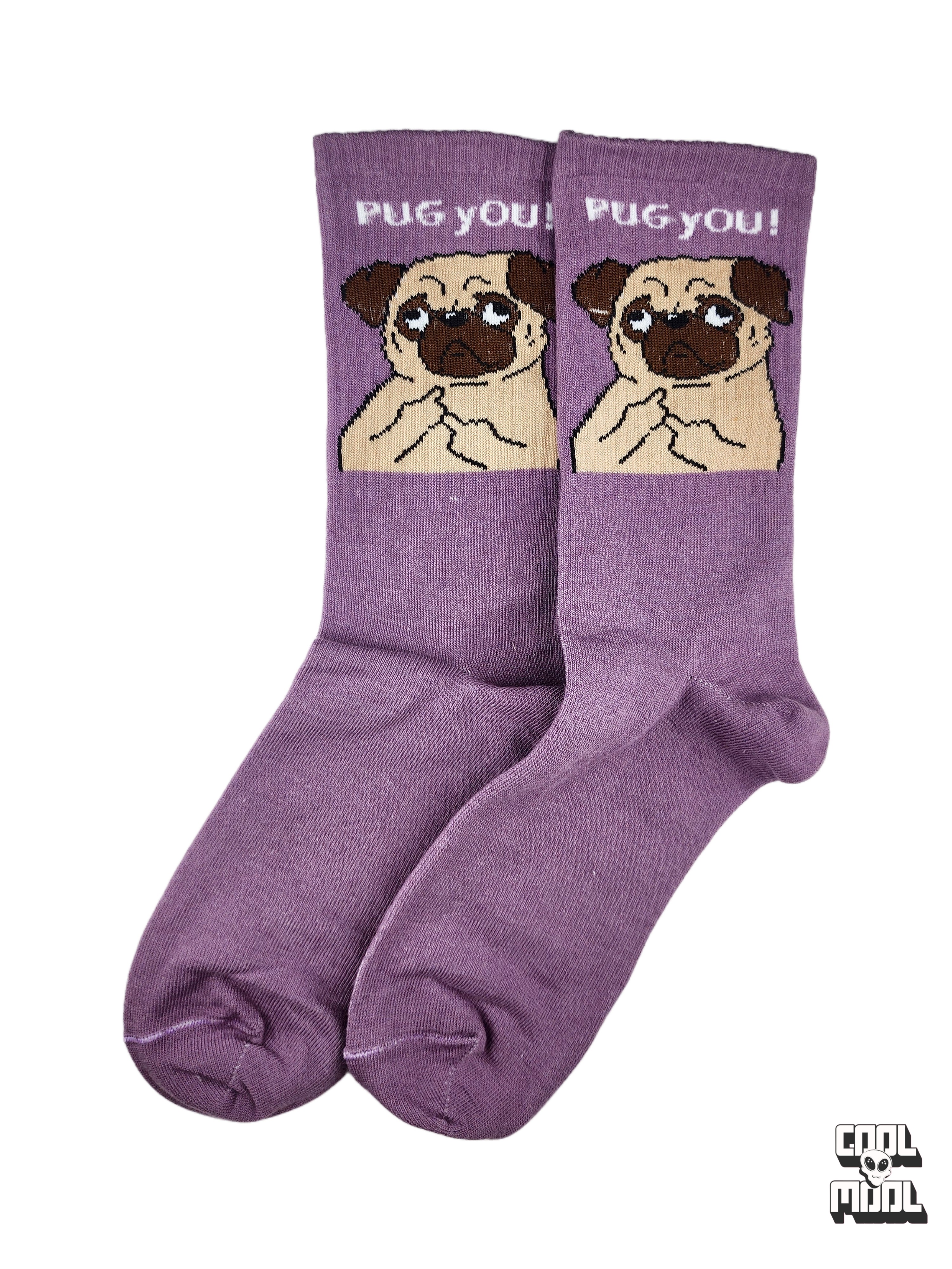 : جوراب بنفش طرح پاگ 🐾 | PUG YOU!، هدیه ایده‌آل برای عاشقان سگ‌های بامزه و شوخ!
