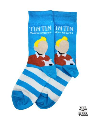 جوراب آبی و سفید طرح تن تن (TINTIN Adventures) 🗺️ | زمینه راه راه، نوستالژیک و جذاب! 💥