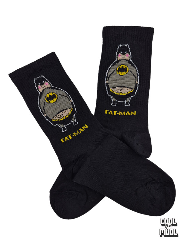 Funny Fat-Man chubby Batman parody crew socks made of high-quality black cotton fabric with woven jacquard details