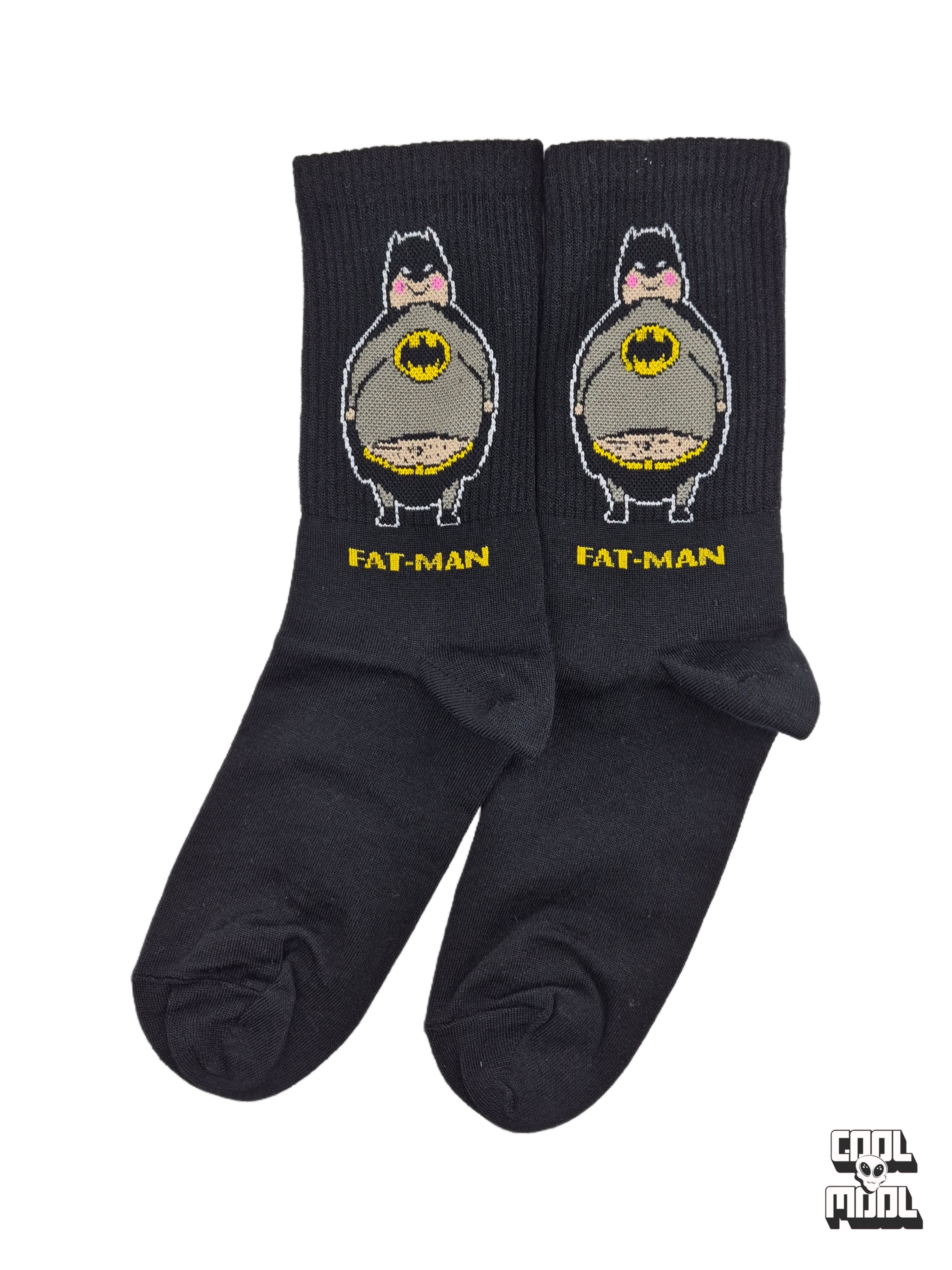 Funny Fat-Man chubby Batman parody crew socks made of high-quality black cotton fabric with woven jacquard details
