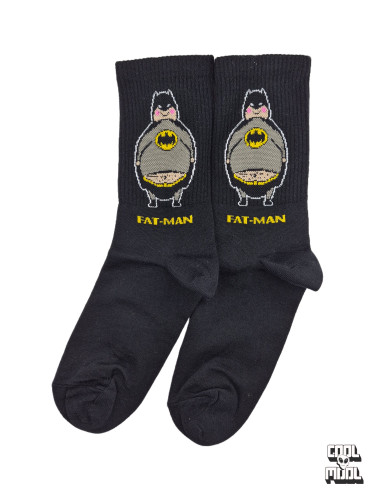 Funny Fat-Man chubby Batman parody crew socks made of high-quality black cotton fabric with woven jacquard details