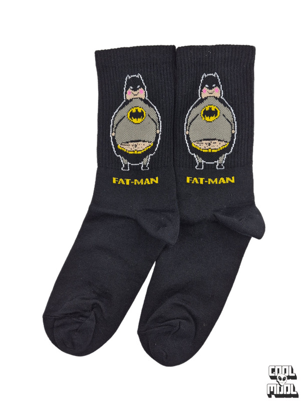 Funny Fat-Man chubby Batman parody crew socks made of high-quality black cotton fabric with woven jacquard details