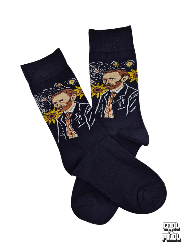 Vincent van Gogh artistic crew socks featuring his portrait, Starry Night, and Sunflowers pattern woven on navy blue cotton fabric