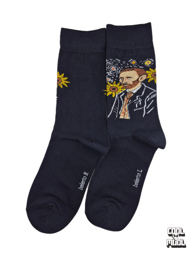 Vincent van Gogh artistic crew socks featuring his portrait, Starry Night, and Sunflowers pattern woven on navy blue cotton fabric