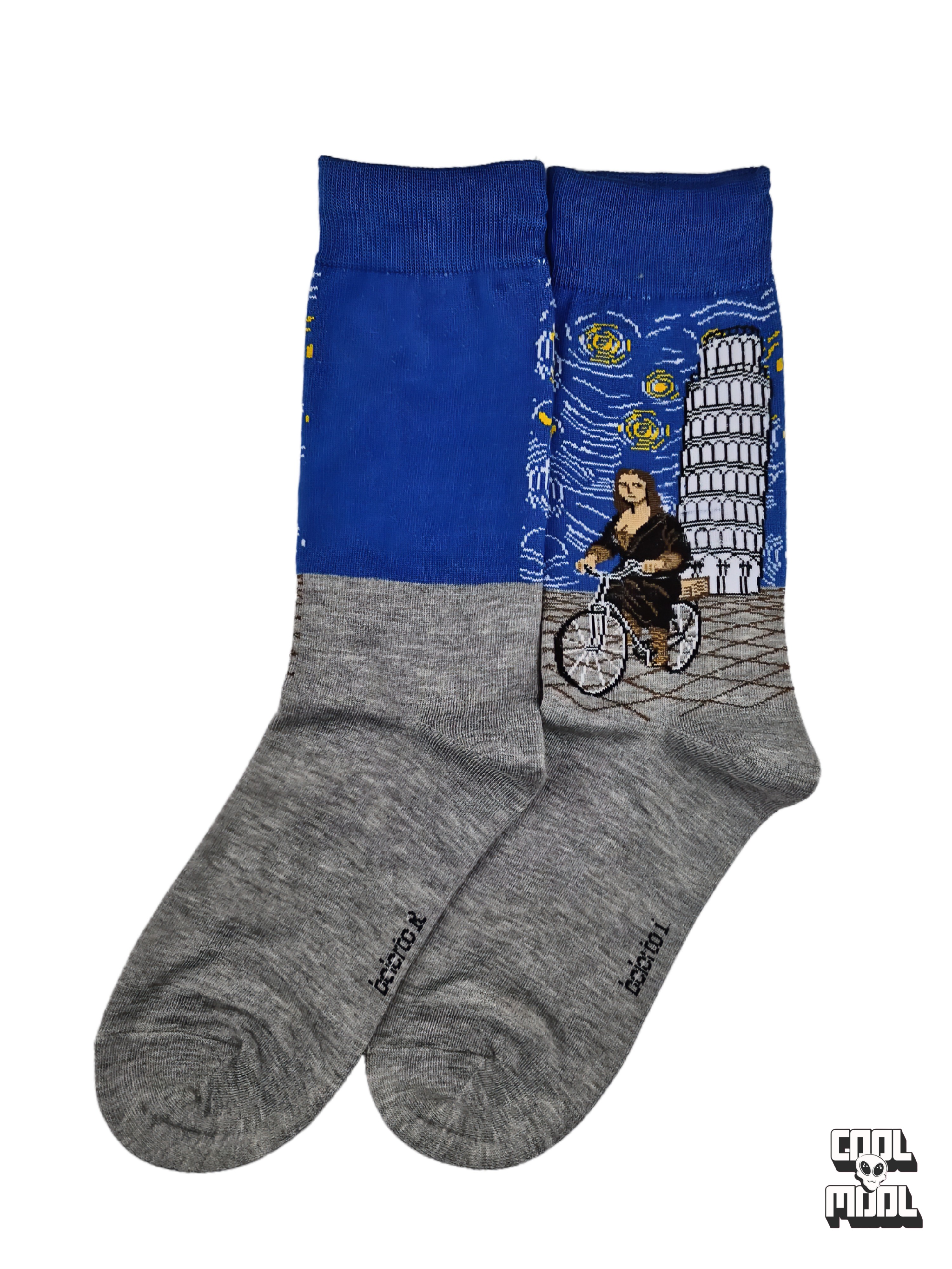 Surreal artistic crew socks featuring Mona Lisa riding a bicycle near the Leaning Tower of Pisa under Van Gogh's Starry Night sky on blue and gray cotton fabric