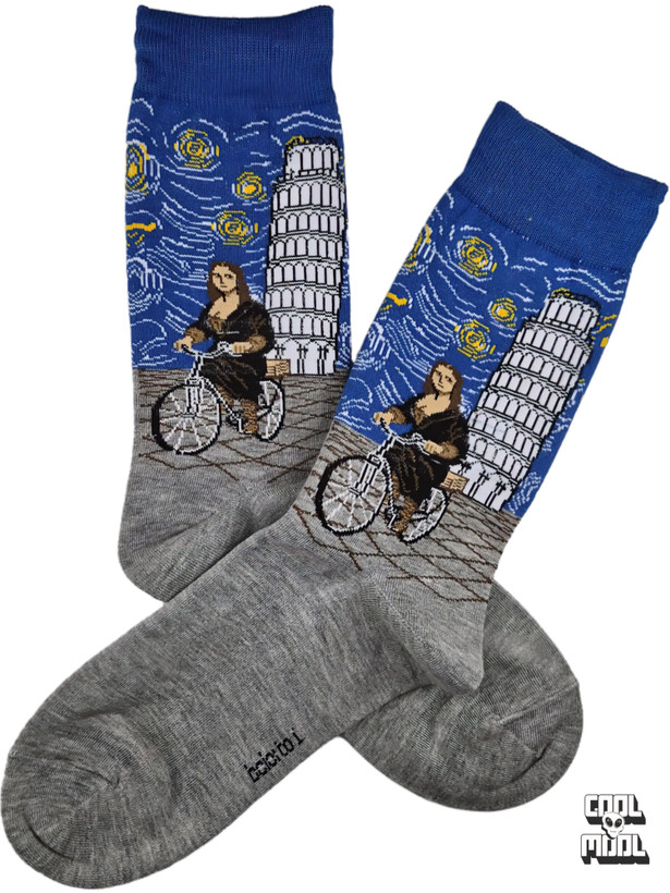 Surreal artistic crew socks featuring Mona Lisa riding a bicycle near the Leaning Tower of Pisa under Van Gogh's Starry Night sky on blue and gray cotton fabric