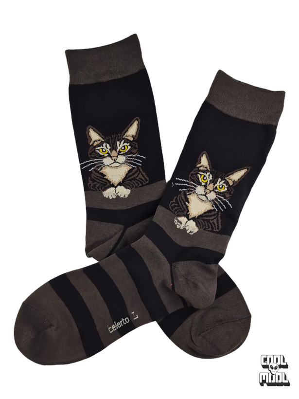 Curious brown and black tabby cat with bright yellow eyes resting its paws on a ledge woven crew socks made of charcoal grey and black striped cotton fabric.