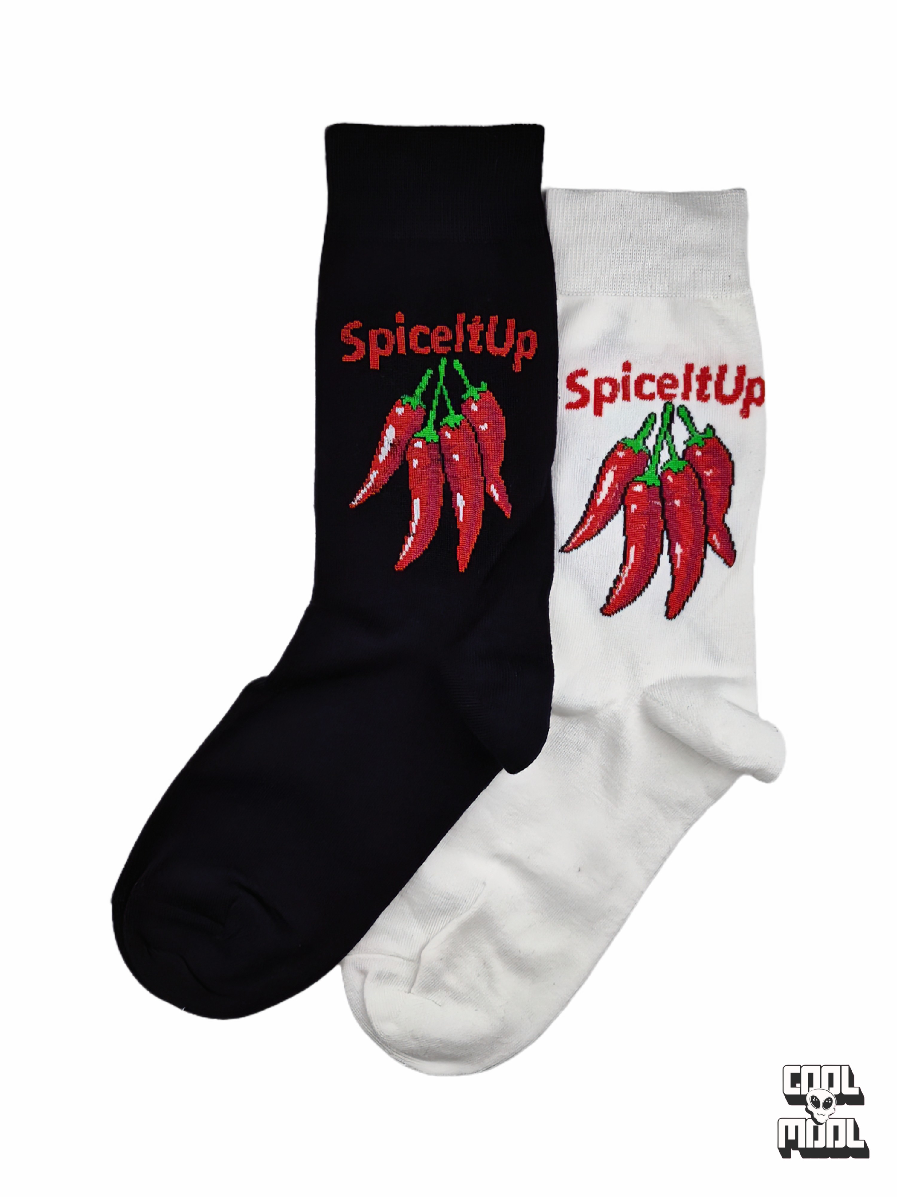 Mismatched black and white crew socks featuring red chili peppers and red Spice It Up text woven on premium cotton fabric.