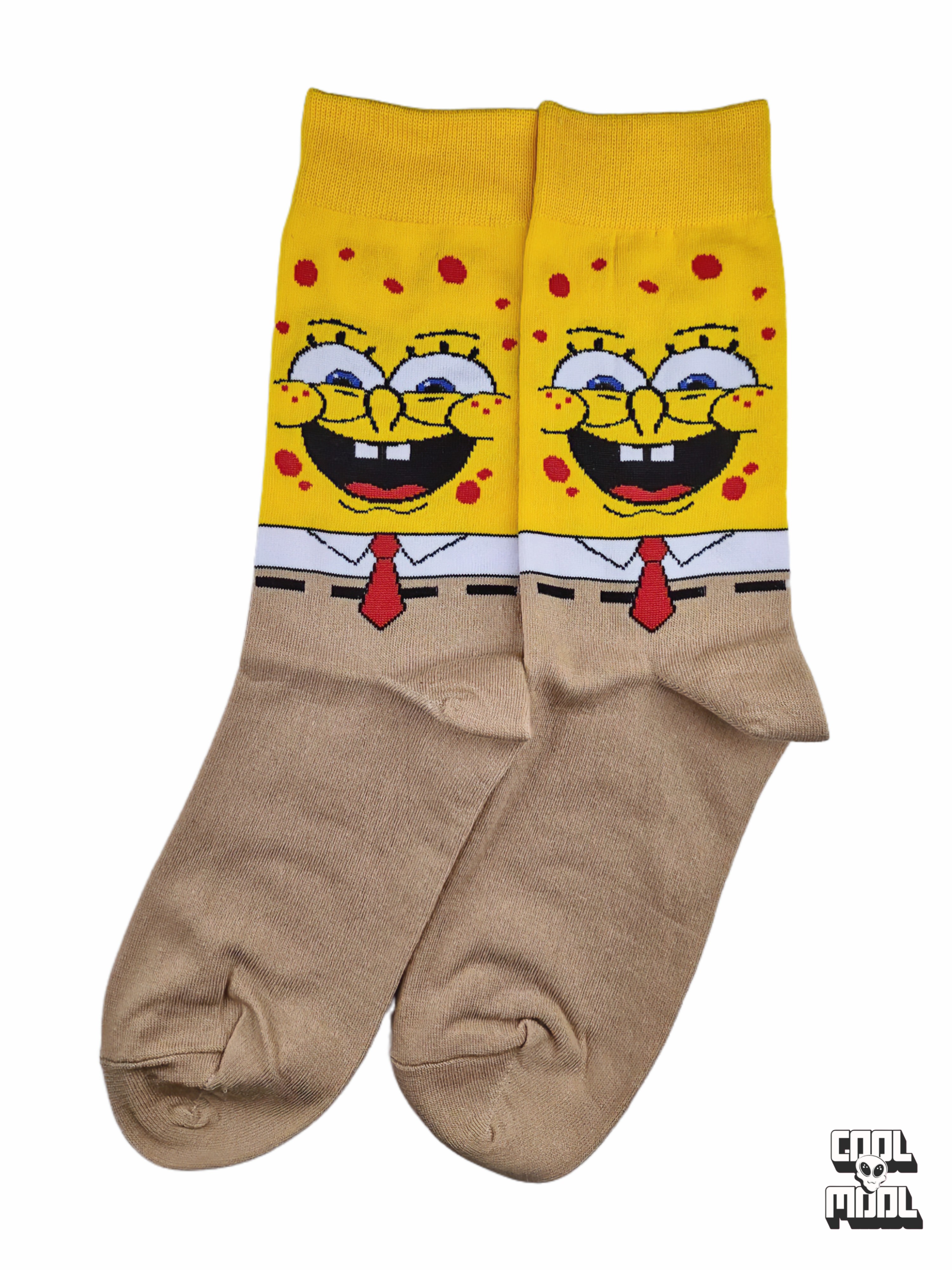 SpongeBob SquarePants character crew socks featuring a bright yellow smiling face with red tie and beige brown foot section woven on cotton fabric