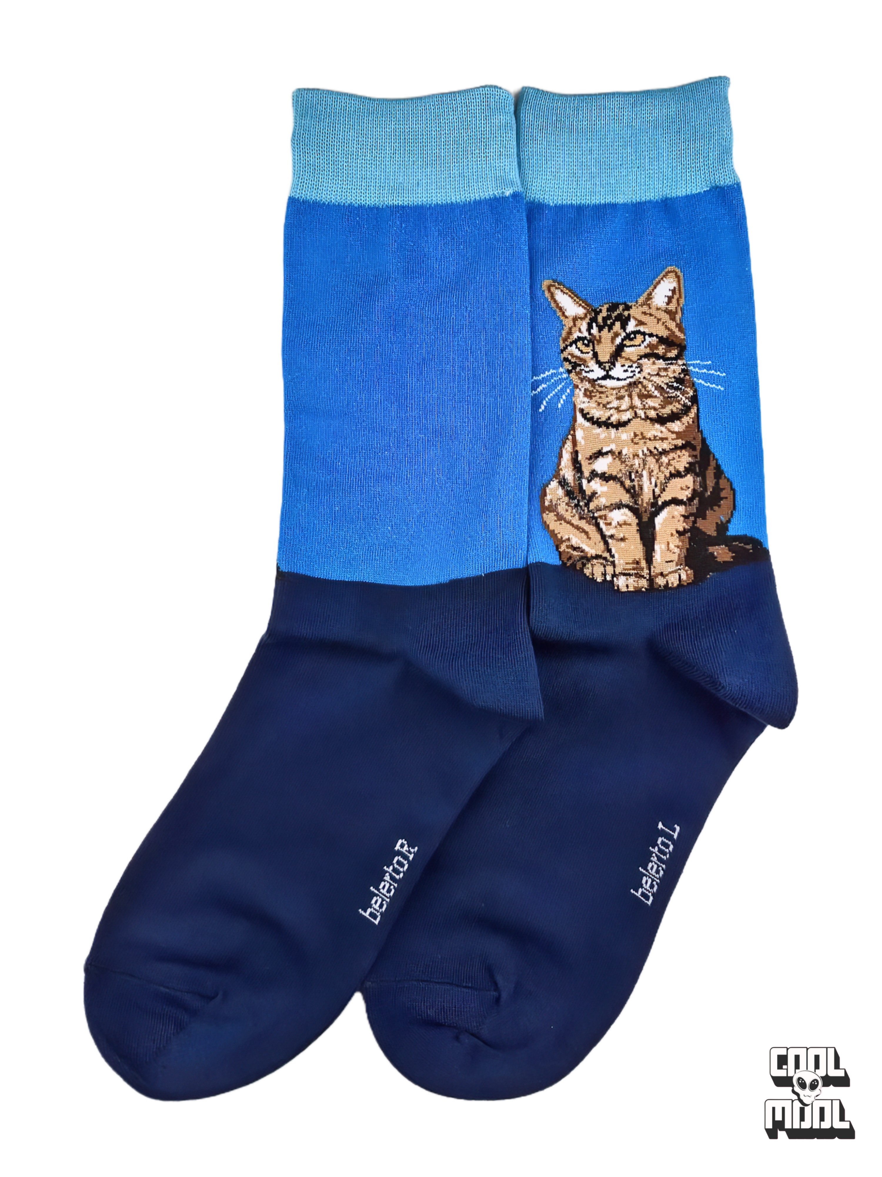 Realistic brown tabby cat sitting attentively woven crew socks made of two-tone royal blue and navy cotton fabric