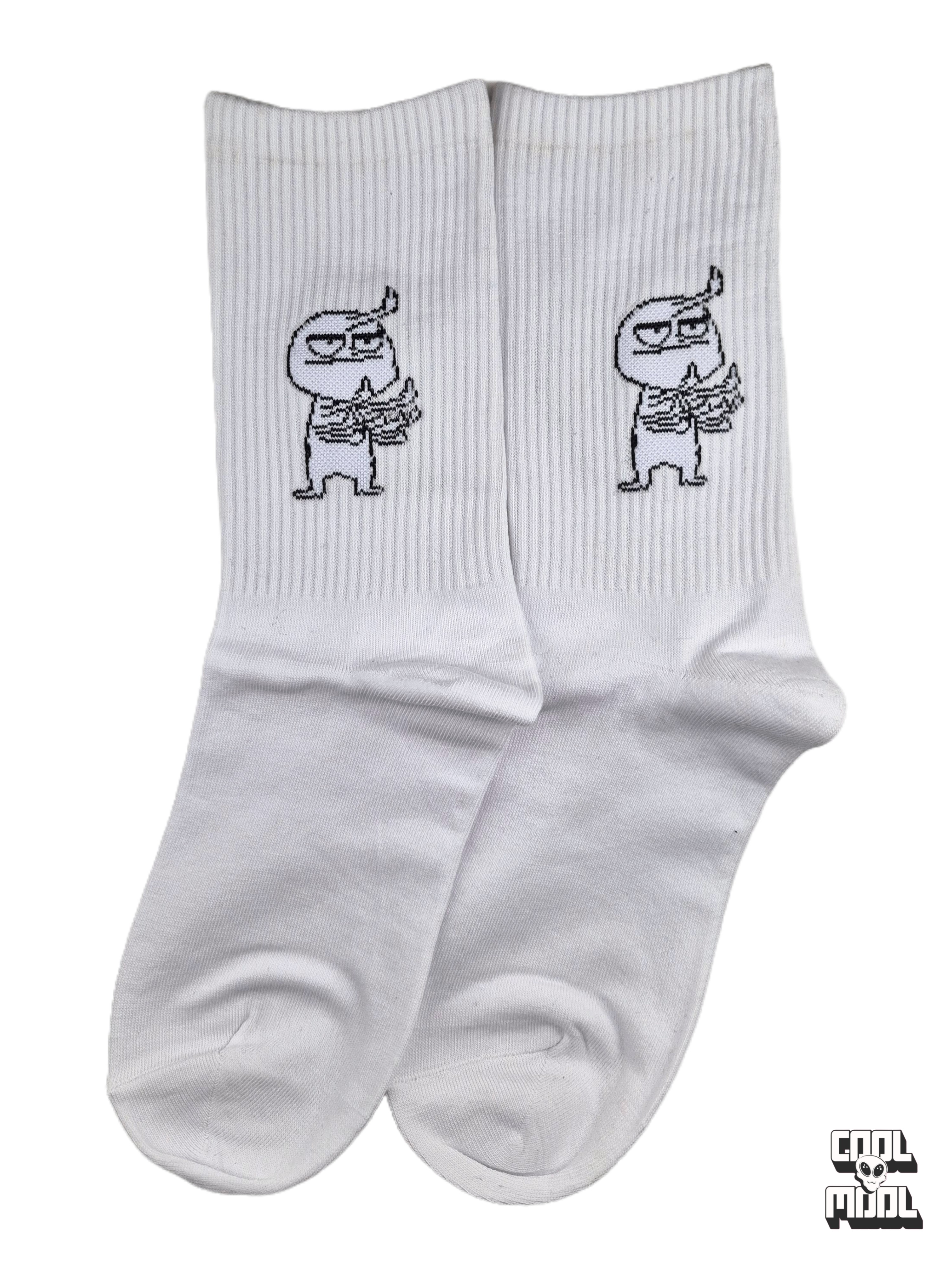 White athletic ribbed crew socks featuring a funny black line-art meme character showing middle fingers woven on cotton fabric