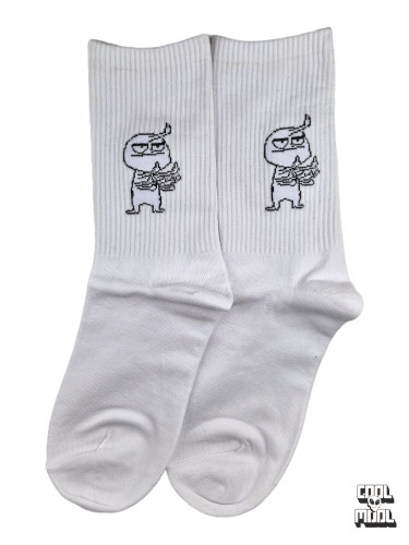 White athletic ribbed crew socks featuring a funny black line-art meme character showing middle fingers woven on cotton fabric