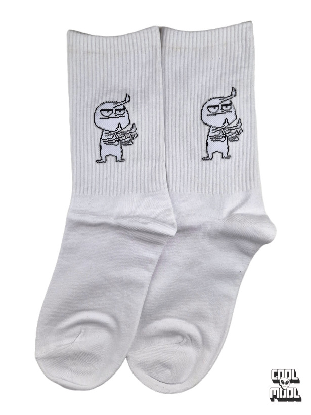 White athletic ribbed crew socks featuring a funny black line-art meme character showing middle fingers woven on cotton fabric