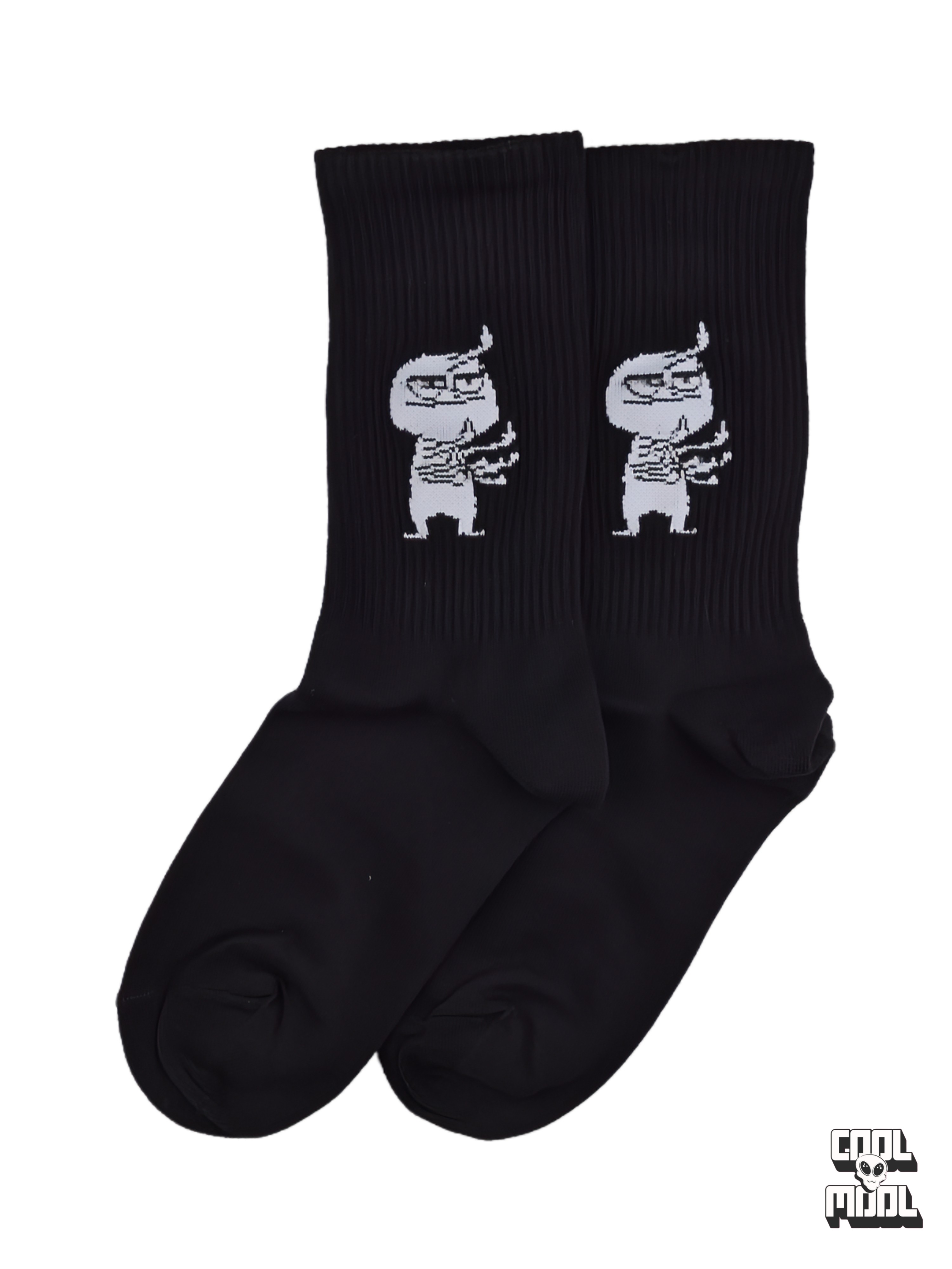 Image Alt Text: "Black athletic ribbed crew socks featuring a funny white line-art meme character showing middle fingers woven on cotton fabric."