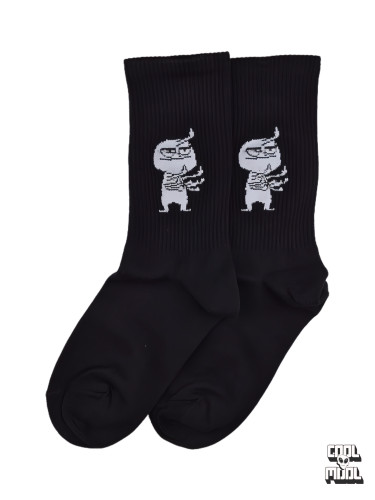 Image Alt Text: "Black athletic ribbed crew socks featuring a funny white line-art meme character showing middle fingers woven on cotton fabric."