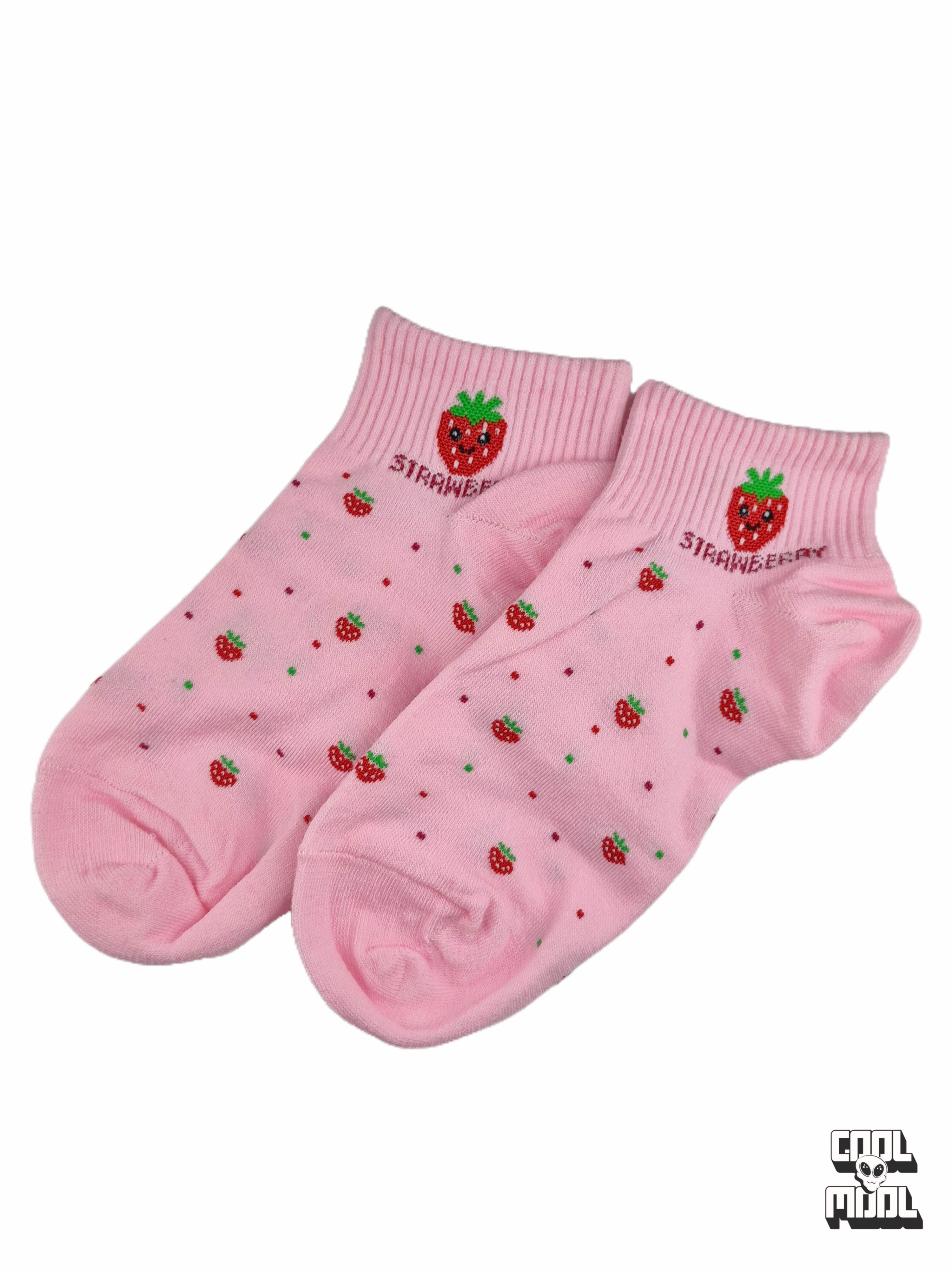 Cute pastel pink ankle socks featuring a tiny repeating strawberry pattern and a smiling cartoon strawberry on the ribbed cuff.