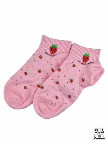 Cute pastel pink ankle socks featuring a tiny repeating strawberry pattern and a smiling cartoon strawberry on the ribbed cuff.