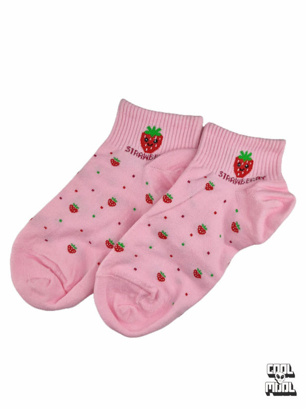 Cute pastel pink ankle socks featuring a tiny repeating strawberry pattern and a smiling cartoon strawberry on the ribbed cuff.