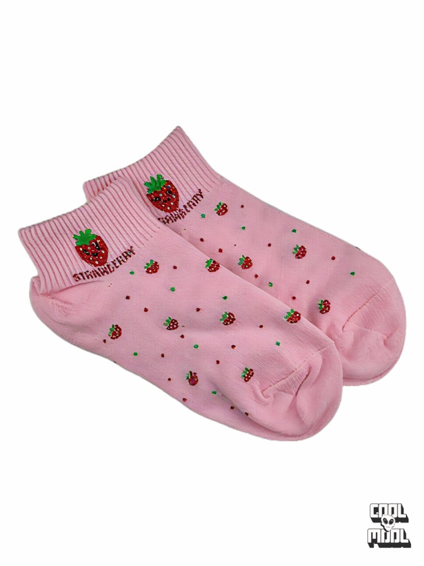 Cute pastel pink ankle socks featuring a tiny repeating strawberry pattern and a smiling cartoon strawberry on the ribbed cuff.