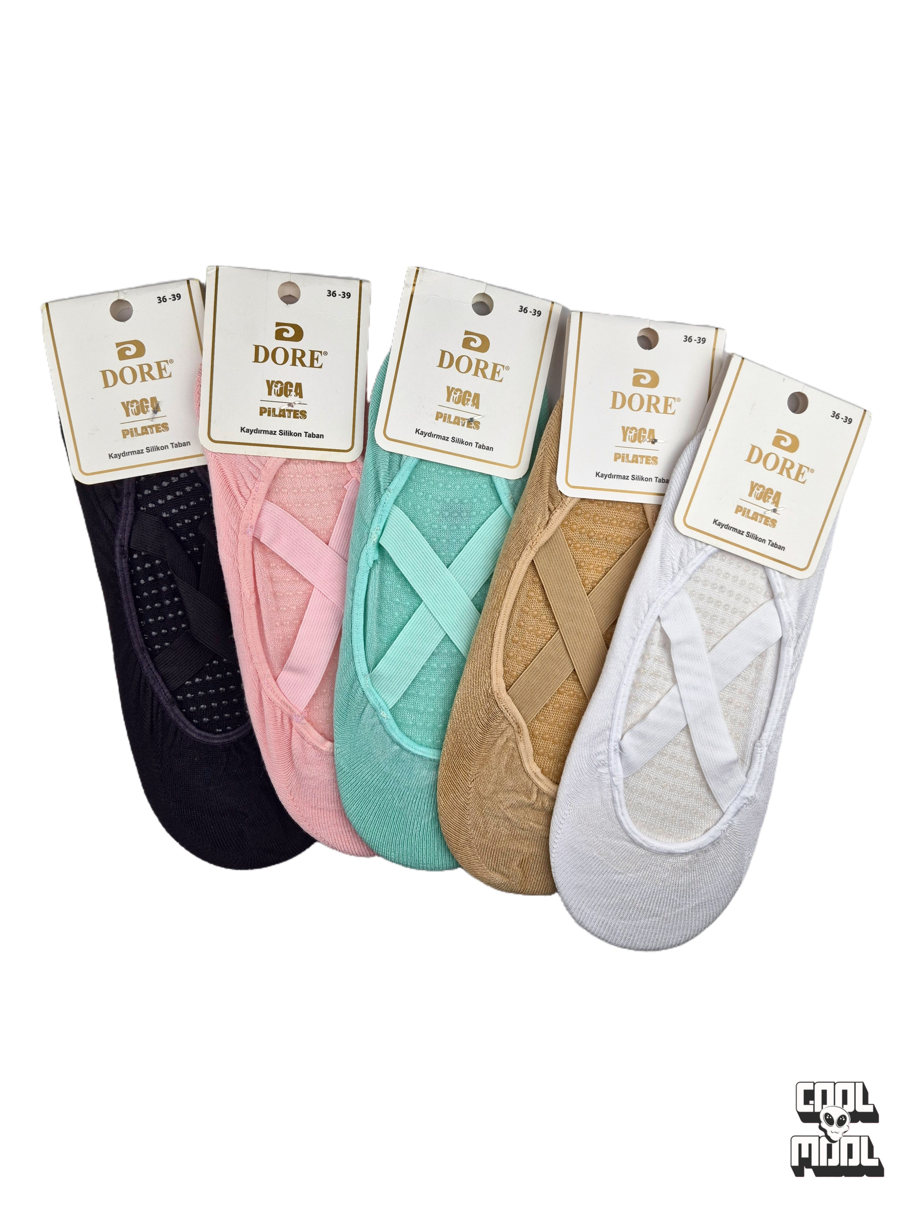 urkish made Dore brand non-slip grip yoga and Pilates socks with criss-cross elastic straps displayed in black, pink, mint green, camel, and white colors.