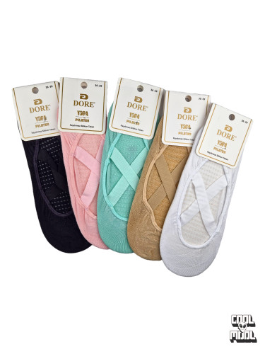urkish made Dore brand non-slip grip yoga and Pilates socks with criss-cross elastic straps displayed in black, pink, mint green, camel, and white colors.
